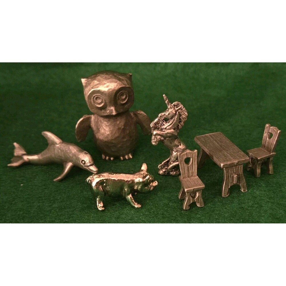 Silver Pewter Miniatures Vtg Lot Owl Unicorn Dolphin Pig Medieval Table Chairs